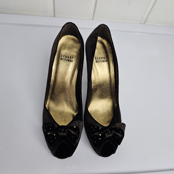 Stuart Weitzman Brown Velvet Snake Skin RhinestoneBow Leather Peeptoe Heels - Picture 6 of 11